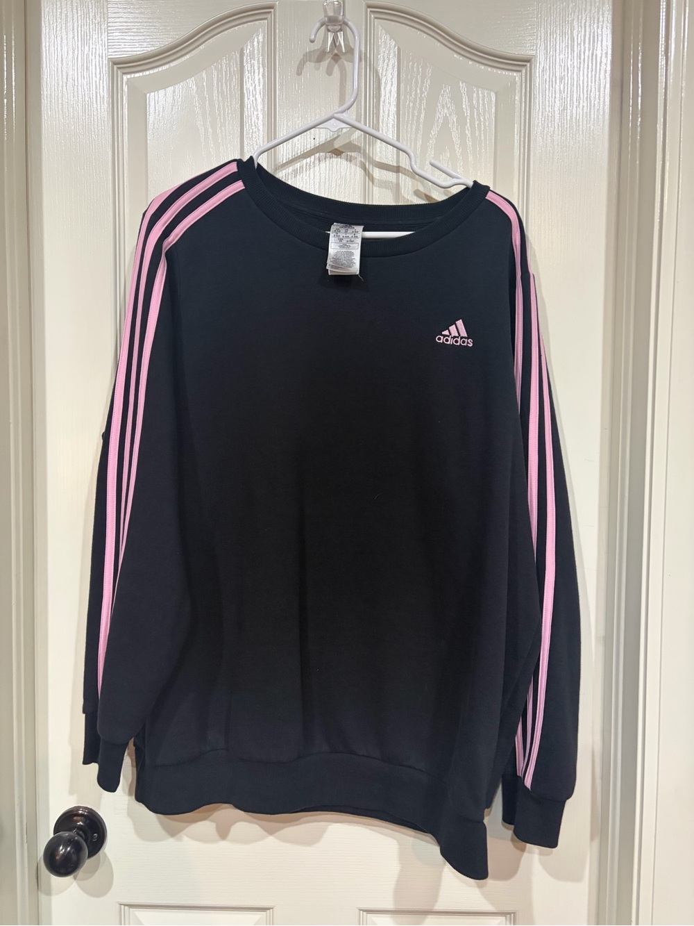 adidas Black Crewneck Sweatshirt with Pink Three-Stripe Accents